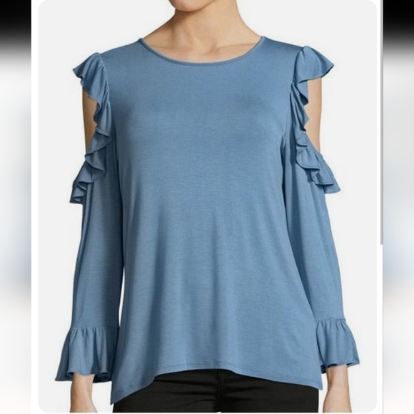 Karl Lagerfeld Blue Cold Shoulder Ruffle Bell Sleeve Stretch Blouse Size XS - Picture 1 of 6